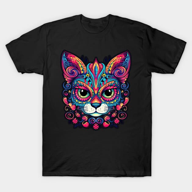 Sunburst Sugar Skull Cat T-Shirt by DanielLiamGill